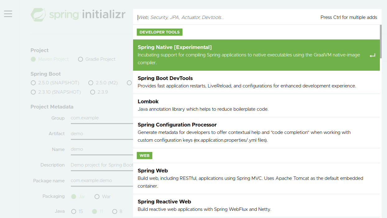 Spring Native support on start.spring.io